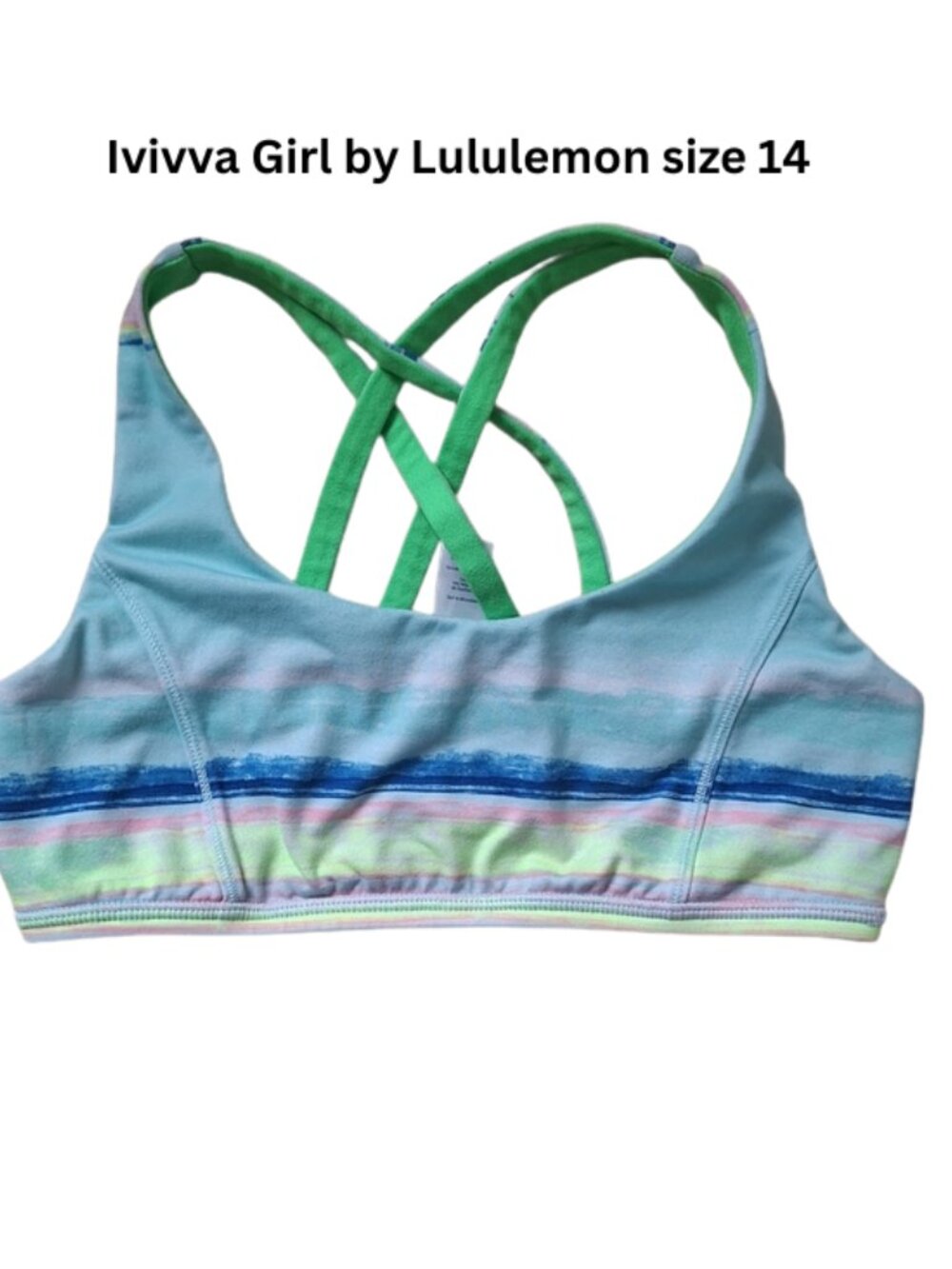 Ivivva Girl by Lululemon 🍋Vitality Bra reversible blue green stripes size 14